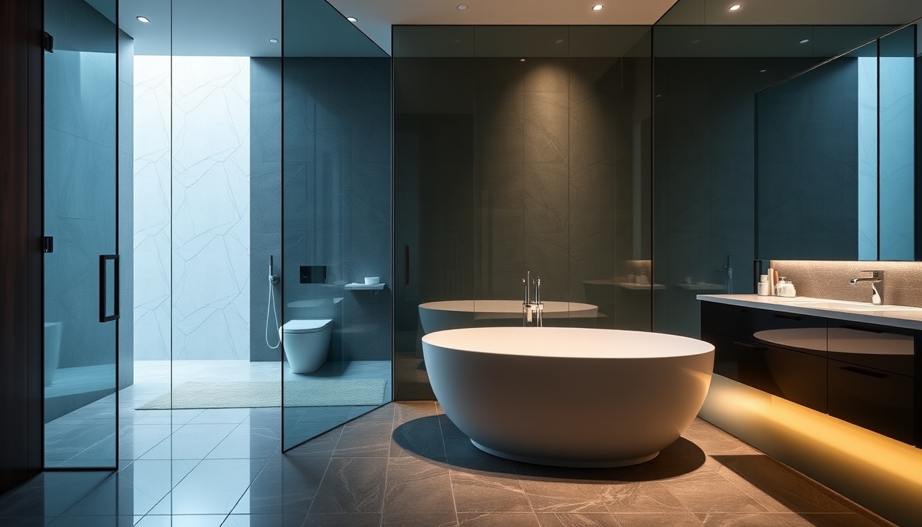 A sleek modern bathroom with glass walls and a luxurious soaking tub. - Image