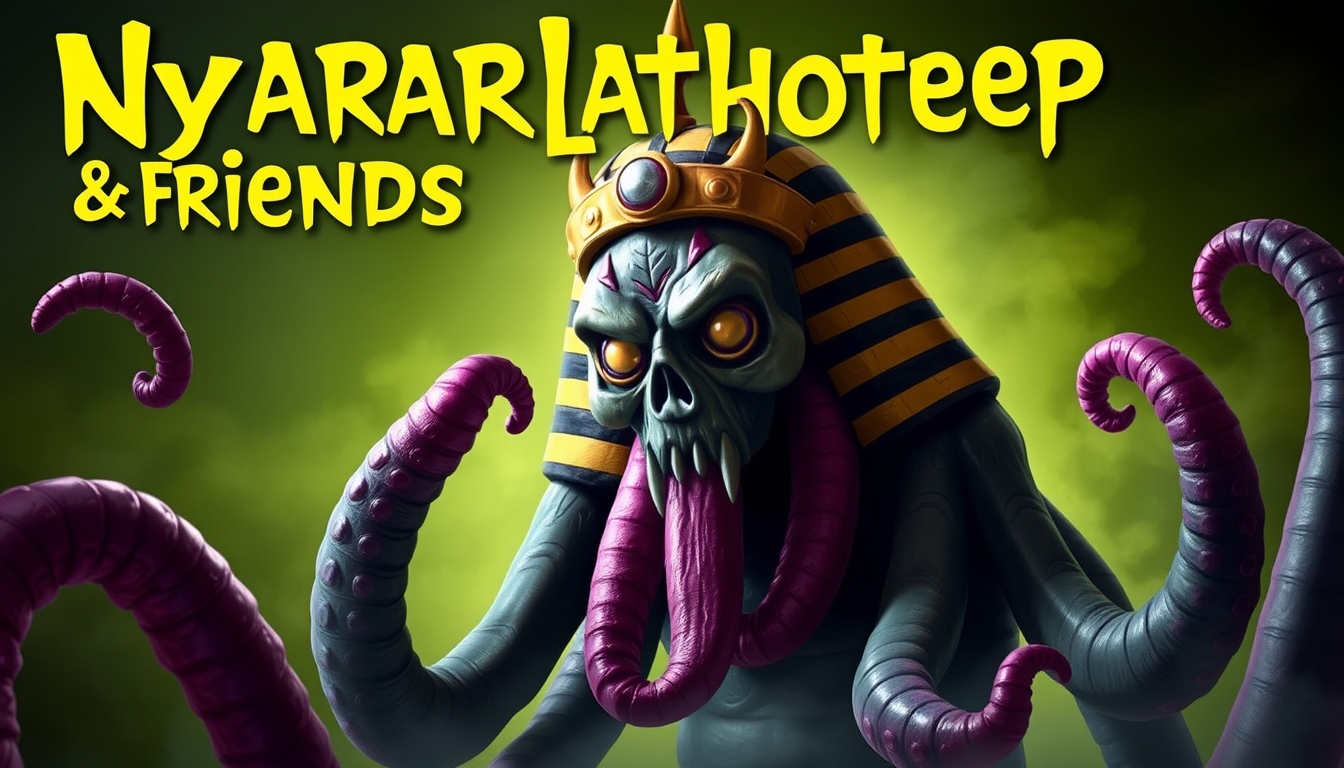 Poster for a horror TV show for kids called "Nyarlathotep & Friends" about an Egyptian god with tentacles.