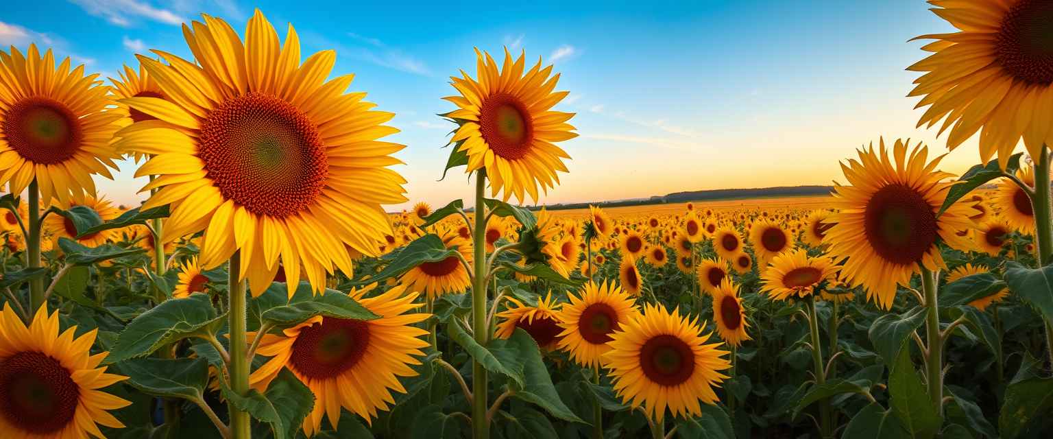 Vibrant, sunflower fields, golden blooms, high quality, photorealistic, summer, cheerful, idyllic, rural, panoramic, breathtaking, blue skies, windblown fields, sunset, floral arrangements.