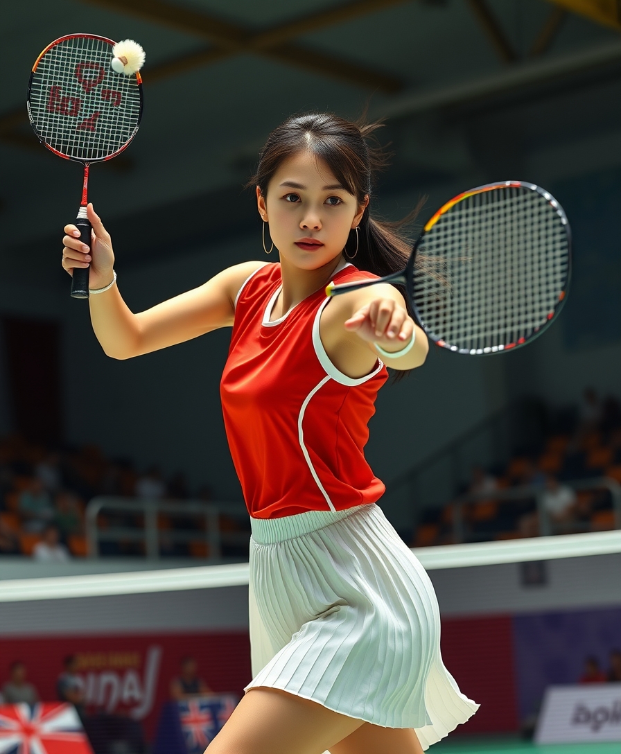 A detailed, realistic portrait of a young woman playing badminton in an indoor sports arena. The woman is wearing a bright red jersey and is mid-swing, her body in a dynamic, athletic pose as she focuses intently on the shuttlecock. The background is blurred, with glimpses of the court, net, and spectator stands visible. The lighting is natural and directional, creating shadows and highlights that accentuate the woman's features and muscular definition. The overall composition conveys a sense of energy, movement, and the intensity of the game. The image is highly detailed, with a photorealistic quality that captures the textures of the woman's clothing, skin, and the badminton equipment. A woman with a beautiful face like a Japanese idol, she is wearing a white pleated skirt. Badminton rackets and shuttlecocks with dynamic swings and motion blur depict the human body with a flawless personality. - Image