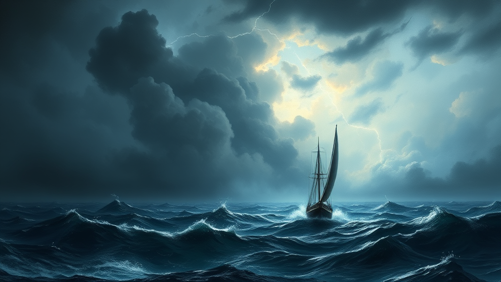 A sailboat in the middle of the ocean with a lightning bolt coming from the sky, inspired by Ivan Aivazovsky, romanticism, Shutterstock, storm at sea, a ship lost in a storm, in a storm, a violent storm at sea, wild ocean storm at night, storm of all storms. - Image