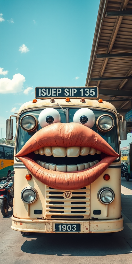 Surreal and whimsical image featuring a vintage bus parked at a bus station. The bus has a cream-colored exterior with a slightly weathered look, and the number '1903' is displayed on the front. The most striking feature is the large, exaggerated set of lips and teeth superimposed on the front of the bus, resembling a face with headlights as eyes and giving it a cartoonish and humorous appearance. The bus station has a covered area with a high roof, and there are other buses and motorcycles visible in the background. The bus destination sign reads 'ISUEP SIP 135' in white text on a black background. The overall scene is bright and clear, with a blue sky and some clouds visible.