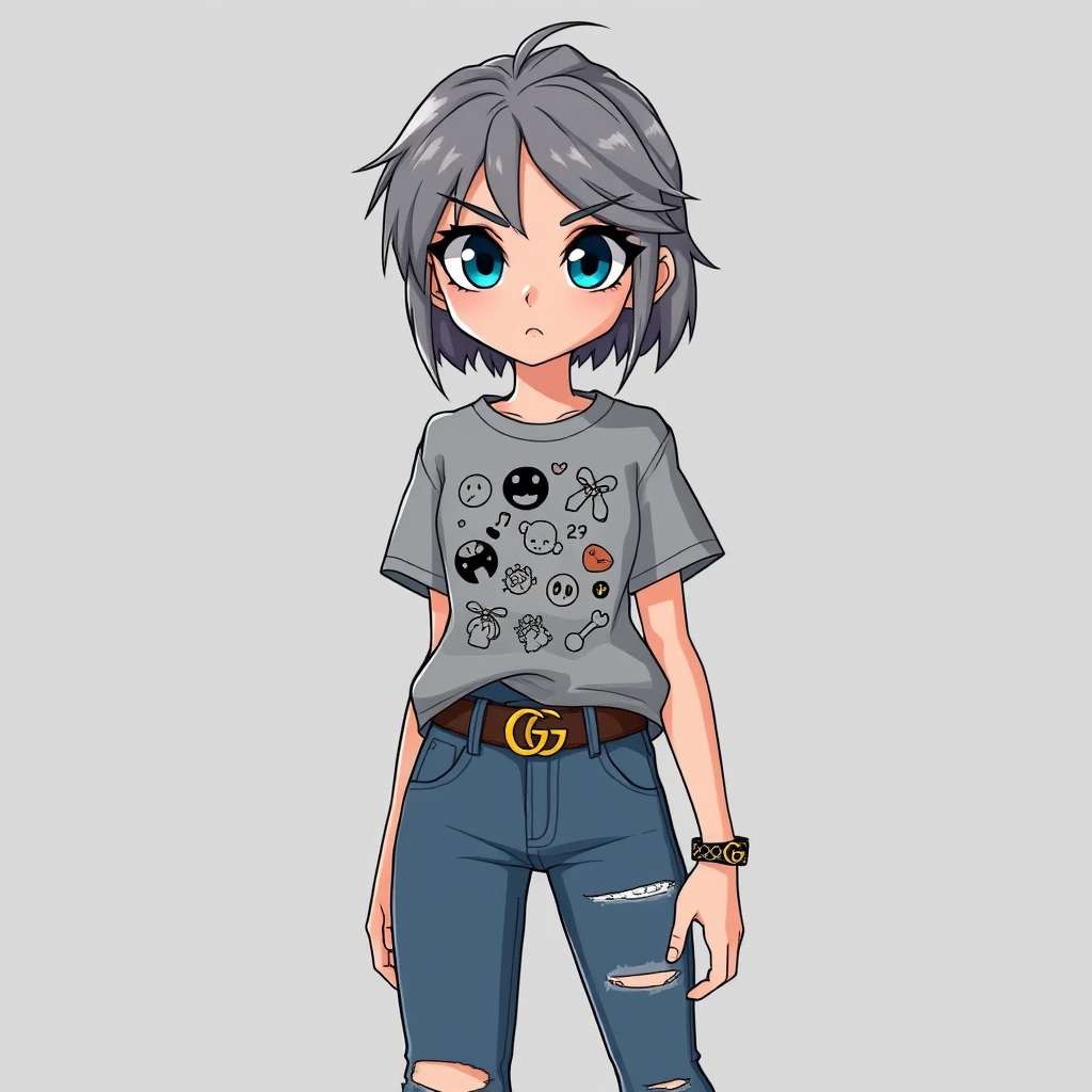 A teenage woman in a grey T-shirt with random symbols, torn jeans, and Gucci sneakers. Appearance: cool gray hair and large blue eyes, arrogant look. Anime.