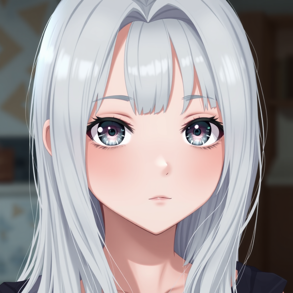 Beautiful girl. Grey eyes. White straight hair. Anime reskin style. - Image