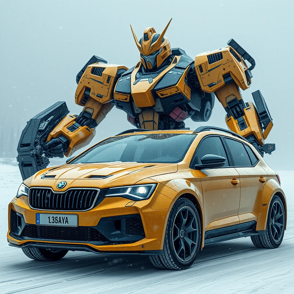 "(sign: 'SKODA': 1.2) half cybernetic yellow car, half shogun armor, immense mecha, gundam, heavy gear, baroque, hr giger, belinski, octane render, excessive amount of cables, in a snow storm."