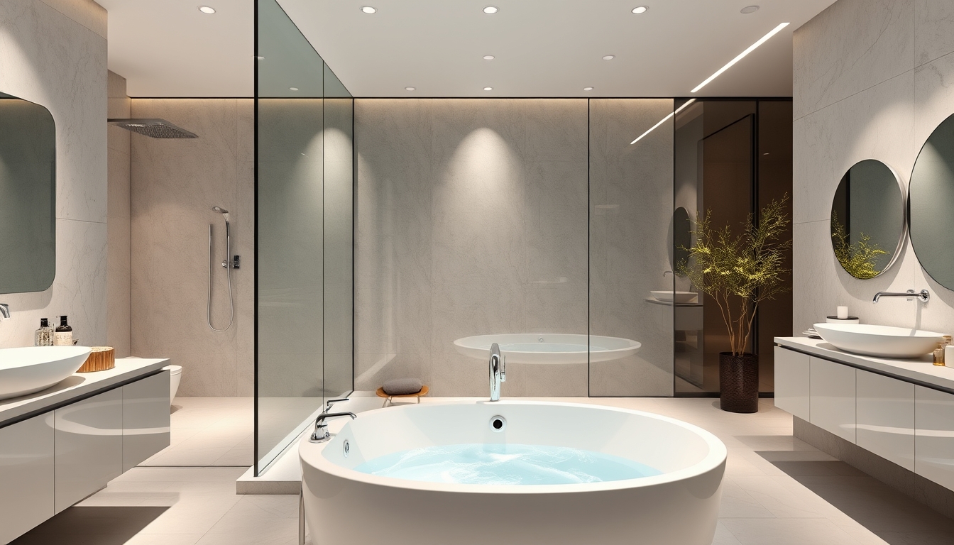 A sleek modern bathroom with glass walls and a luxurious soaking tub. - Image