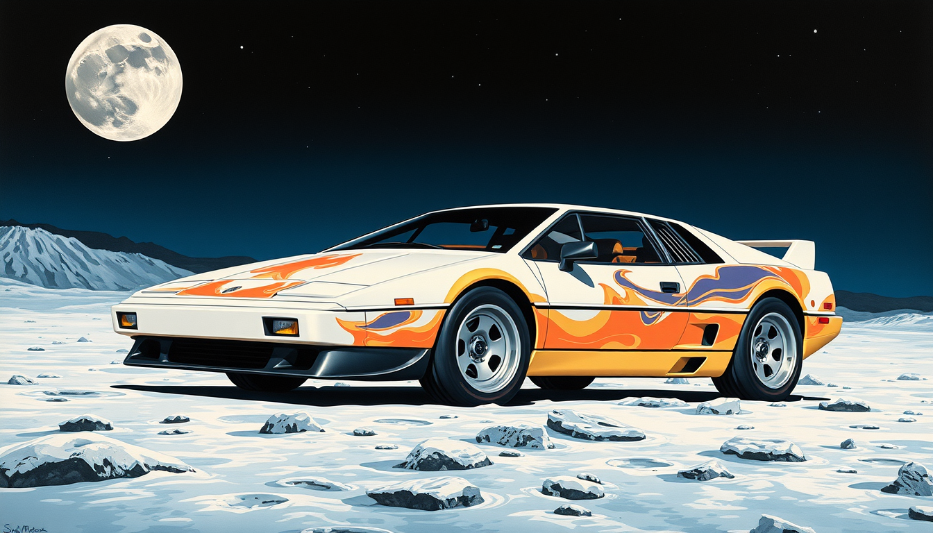 a 1981 Lotus Esprit on the moon, as painted by Syd Mead, art-car paint. - Image