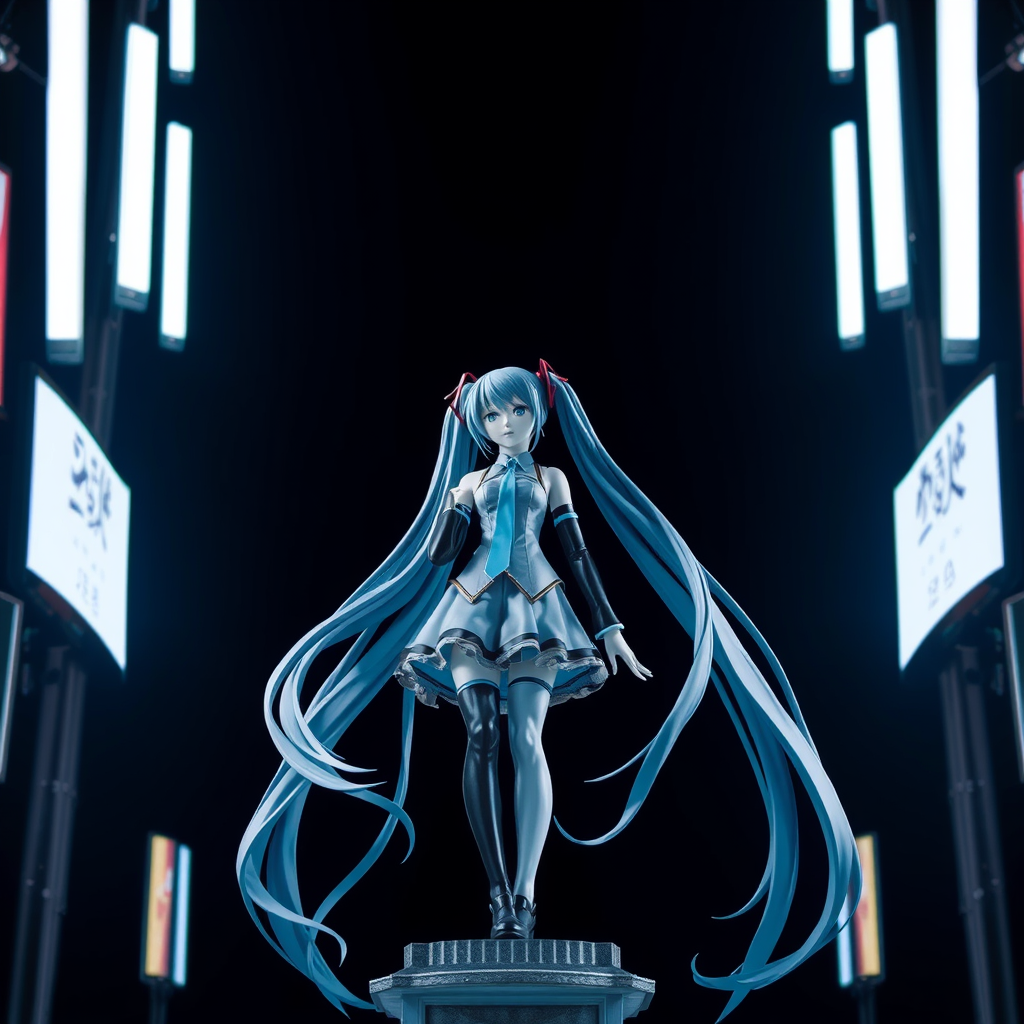 A statue in a dark background. The statue is a Hatsune Miku. - Image