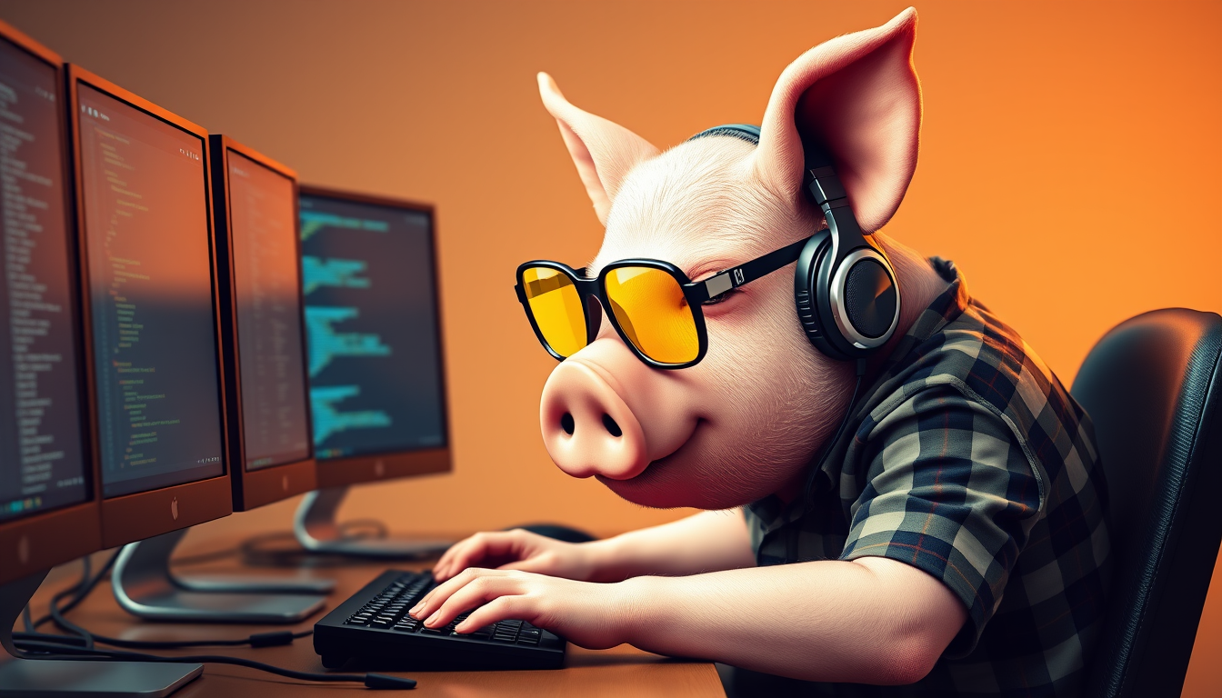 A tech-savvy pig coder, wearing yellow-tinted glasses and sleek noise-cancelling headphones, hunches over a cutting-edge multi-monitor setup. The anthropomorphic pig exudes focus, typing furiously while wearing a plaid t-shirt.