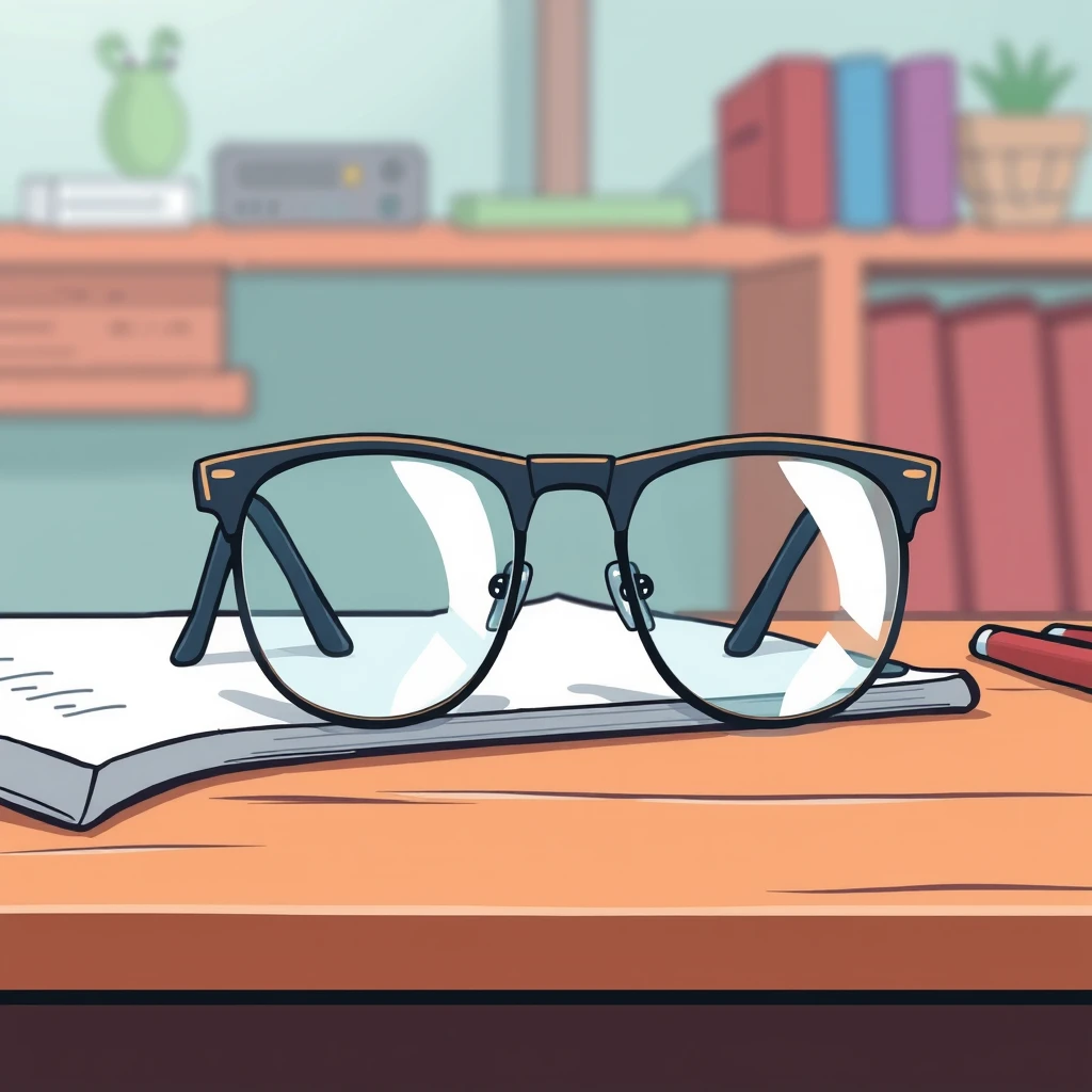 Eyeglasses on a table, cartoon, illustration