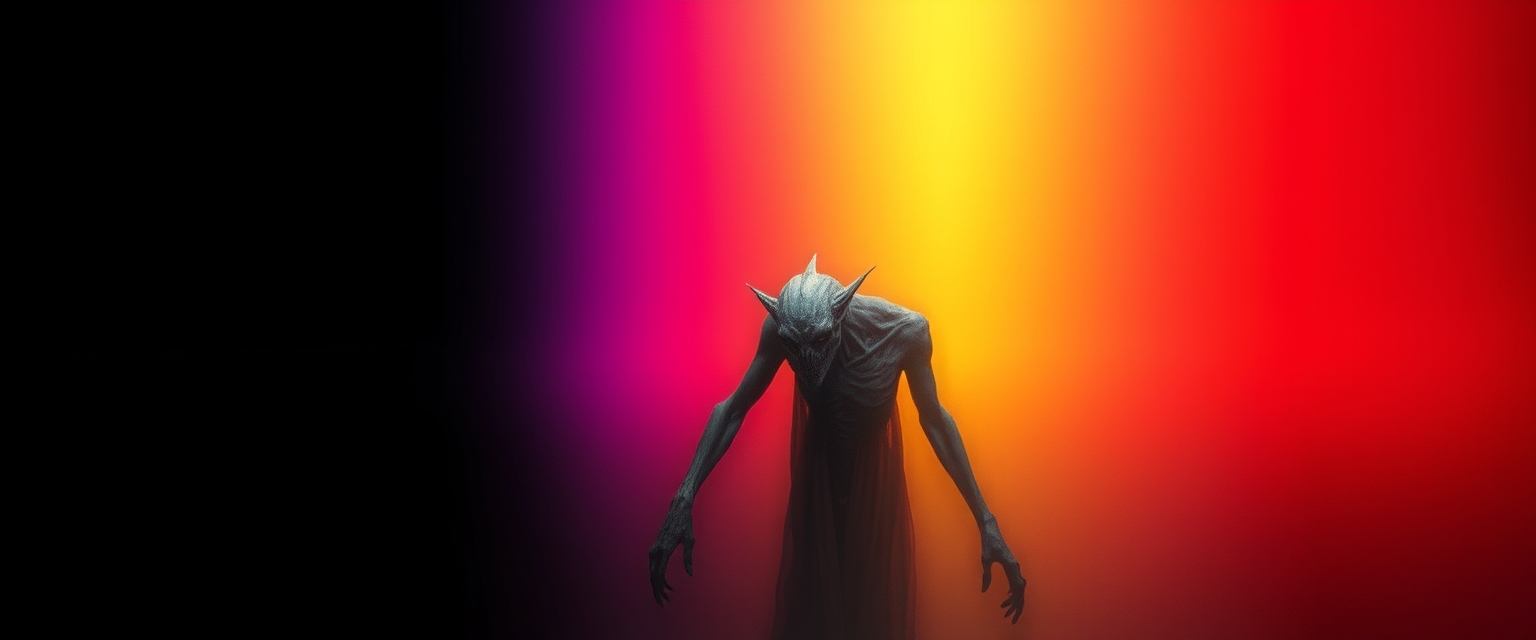 A mesmerizing color spectrum stretches across the image, transitioning seamlessly from pure black on the left through vibrant hues to deep red on the right, creating a dramatic backdrop. In the foreground, an otherworldly entity emerges from beyond the veil, its form both captivating and unsettling. The creature's ethereal presence contrasts sharply with the vivid color gradient behind it, drawing the viewer's gaze. Utilize the rule of thirds to position the entity slightly off-center, enhancing visual interest. Incorporate leading lines within the color shift to guide the eye towards the focal point. Employ dramatic lighting to accentuate the entity's otherworldly features, casting eerie shadows that blend with the darker sections of the spectrum. Create depth and dimension through subtle atmospheric perspective, with the entity appearing more defined than the background. Use complementary colors to make the creature stand out against the spectrum. Implement a slight vignette effect to frame the composition and direct attention to the center. Maintain a balanced composition by distributing visual weight evenly across the image. Render the scene in high resolution with photorealistic details, emphasizing textures and intricate features of the entity. Ensure sharp focus on the entity while allowing the background to have a slight blur, creating a sense of depth. Hyperrealistic, cinematic quality, 8K resolution, highly detailed, intricate, award-winning photography. - Image