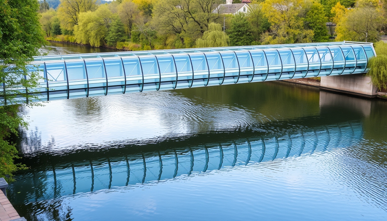 A serene river scene with a glass-bottomed bridge crossing over it.