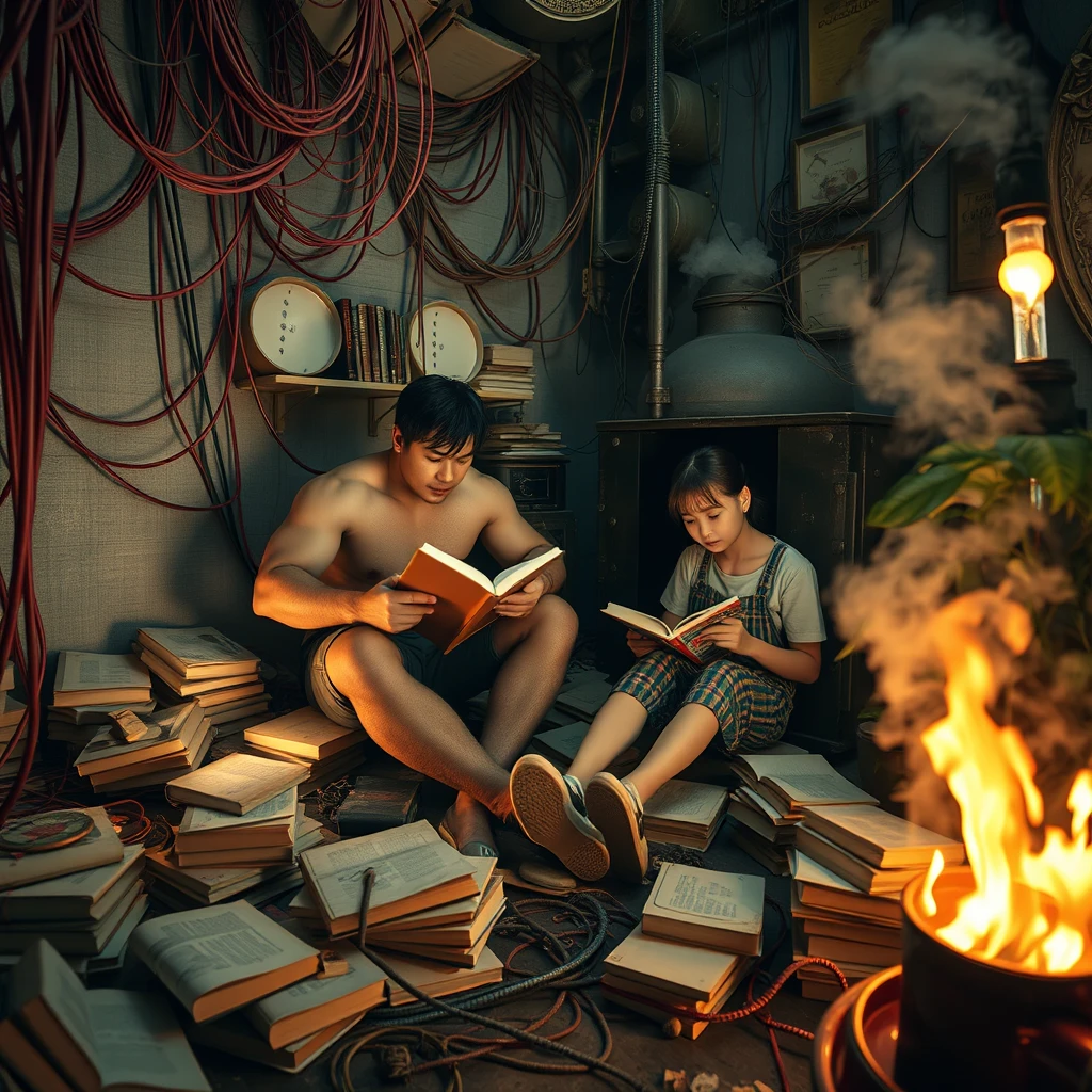 A real-life photograph, wide shot, of a strong guy and a Japanese girl reading books in the corner of a room. The room has some books scattered messily, and many wires of varying thicknesses are on the floor and in the air, including red, blue, yellow, and other colors. Additionally, there are some machines emitting steam and fire. The lighting is dim, and there are some plants.