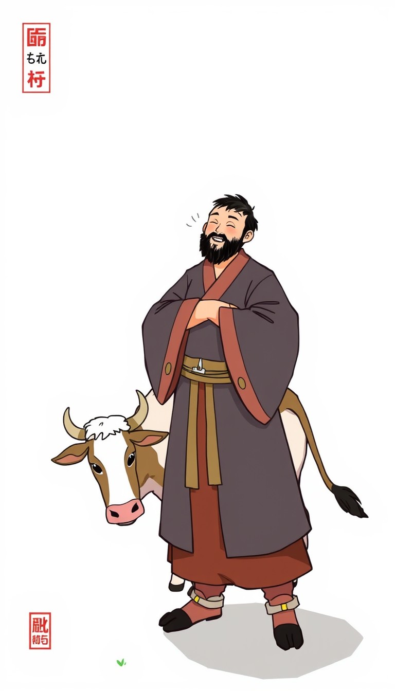 Illustration of Gong Mingyi standing up, smiling as he realizes the futility of his effort, cow focused on eating grass.