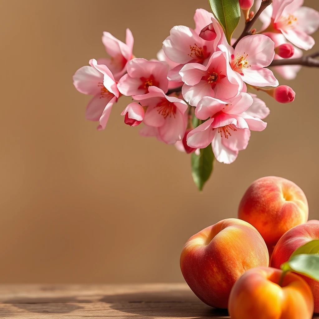 "Peach blossoms are blooming beautifully, and in the lower right corner, luscious peaches with a golden tone are placed on the table, while the left side has ample space for text. The overall image conveys a strong autumn mood and tone."