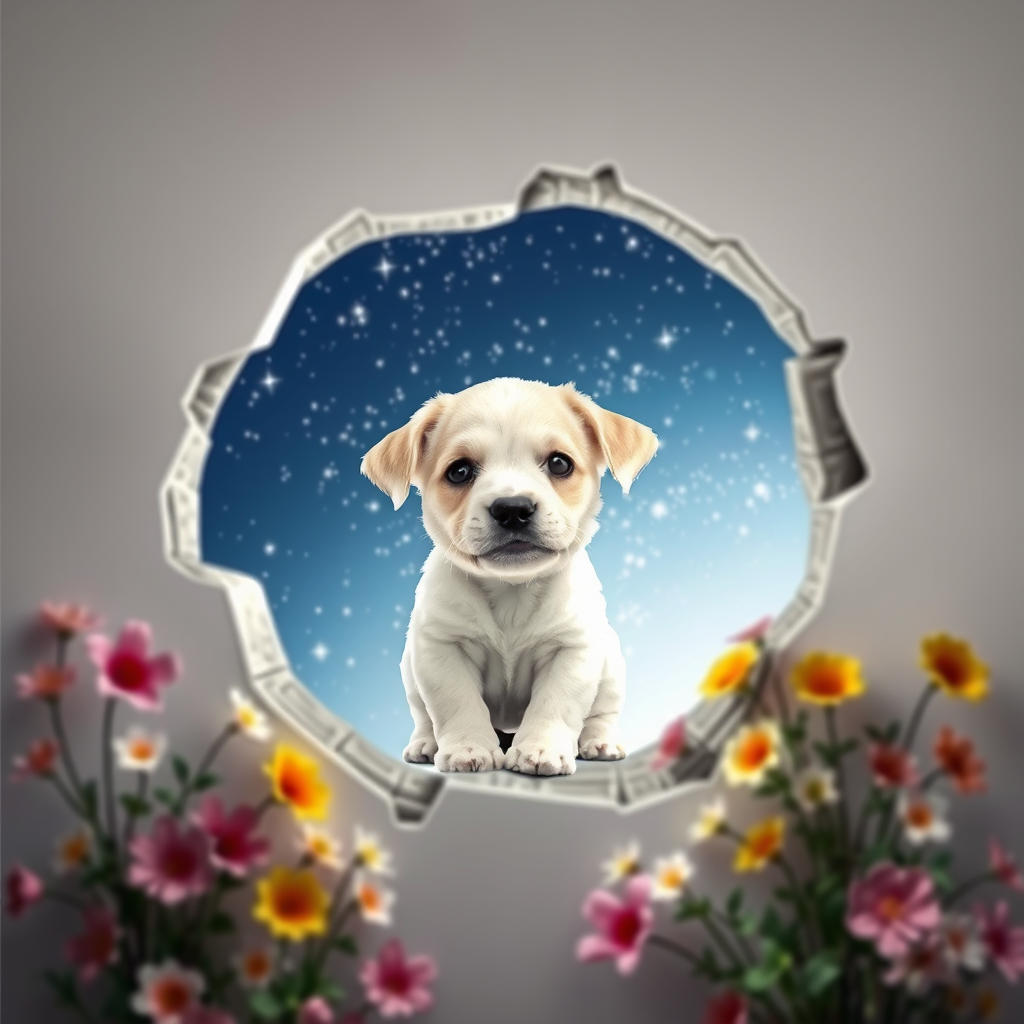 3D Cute puppy emerging from a hole in the wall, starry sky behind him, 3D Hole in the wall effect, 3D wall breaking effect, flowers everywhere. - Image