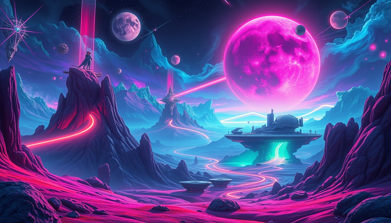 Surreal abstract landscape with neon lights, vibrant colors, and floating islands in a futuristic sky. - Image