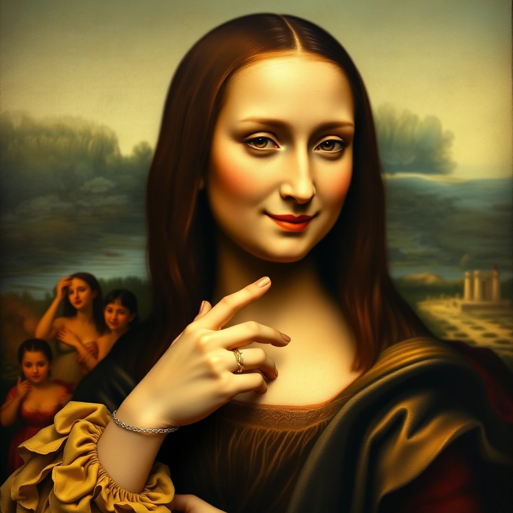 A whimsical reinterpretation of the Mona Lisa, playfully licking her foot, set against a soft, blurred Renaissance background. Warm, golden hues illuminate her enigmatic smile, blending classical and surreal styles. - Image