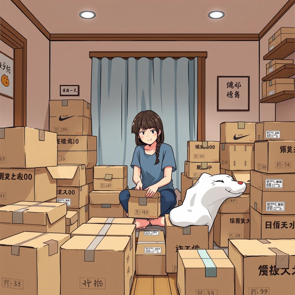 "In the room, there is a girl unpacking deliveries, with many delivery boxes around. Also, there should be Chinese characters or Japanese. No comics, just real people." - Image