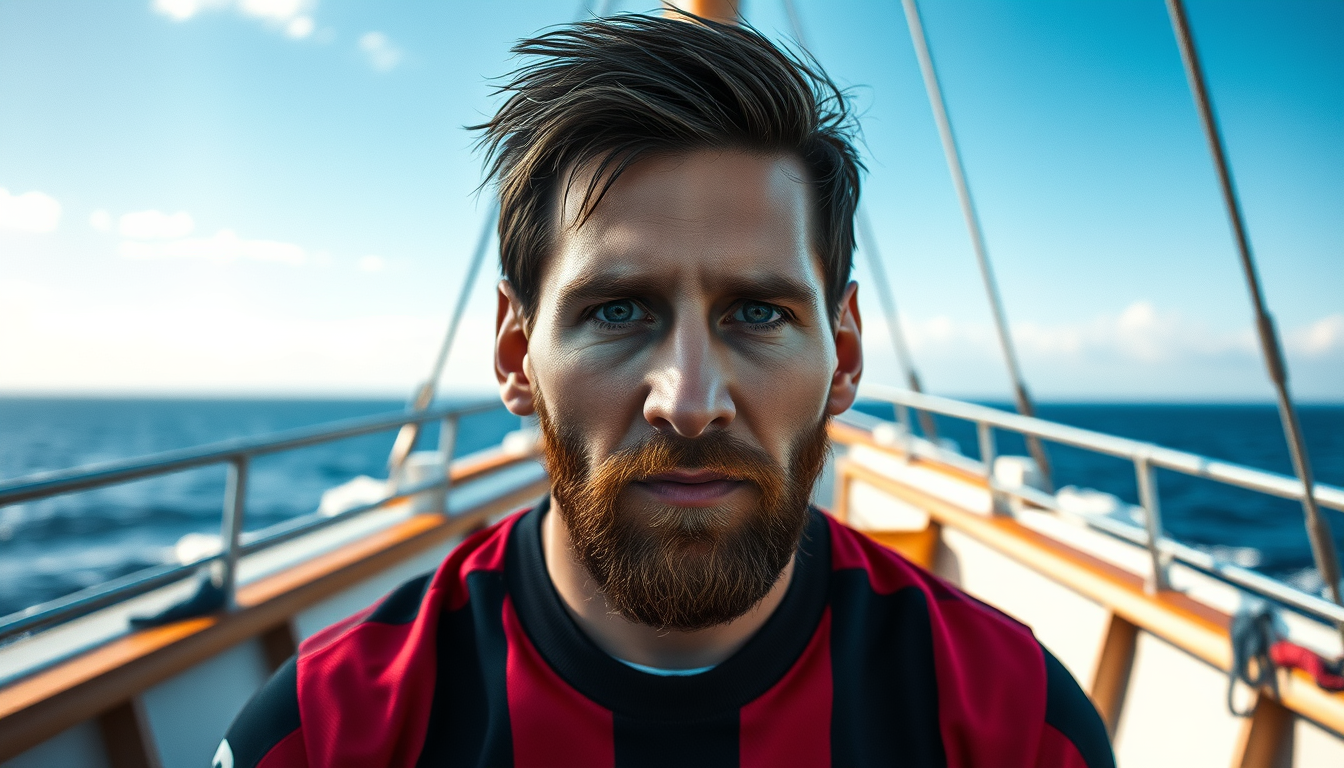 Ultra realistic photography portrait of Leo Messi in a ship with ocean horizon, 8K cinematic, post-processing, super-resolution, intricate details.