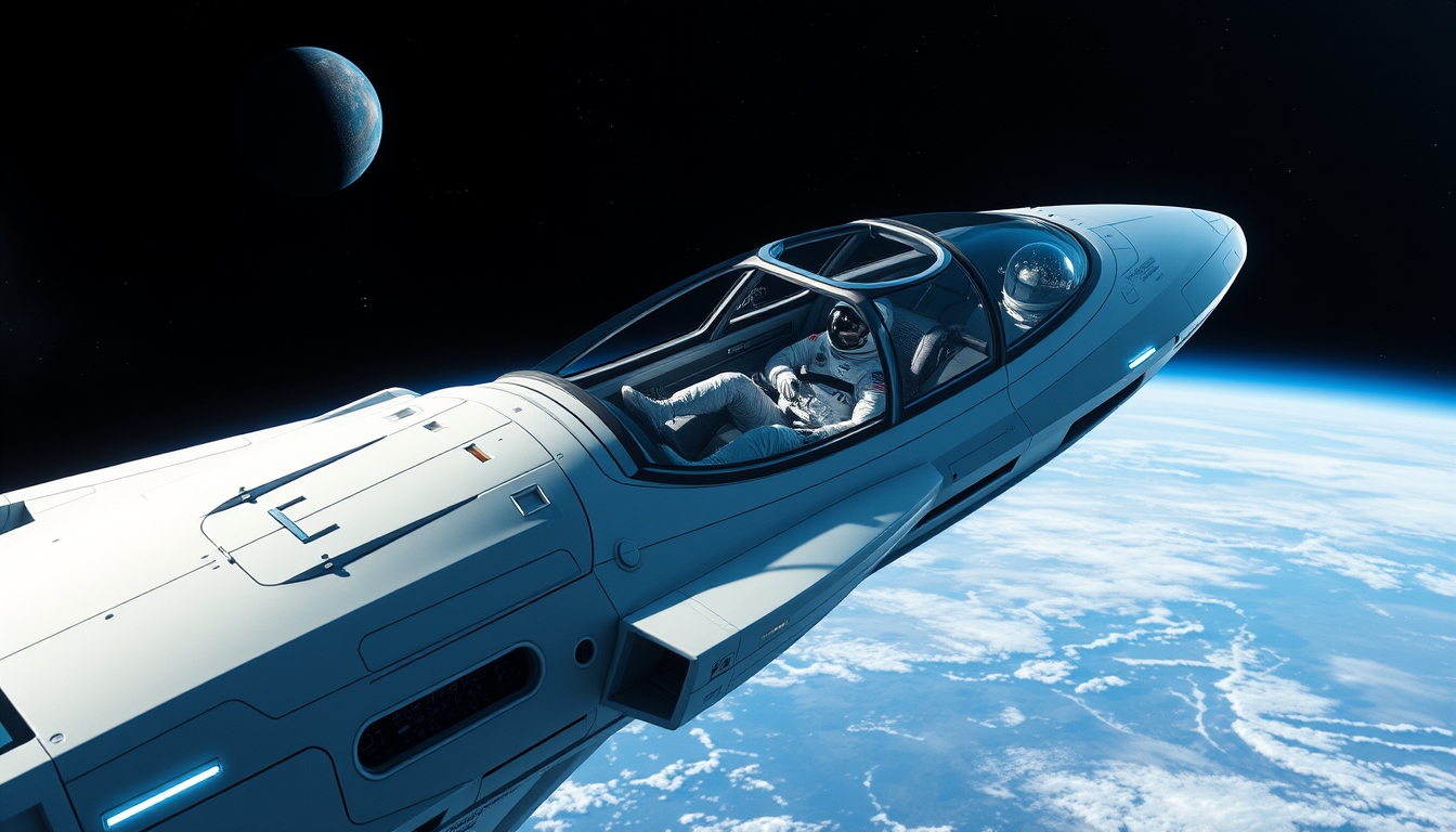 A futuristic spaceship with a glass cockpit, piloted by an astronaut in space. - Image