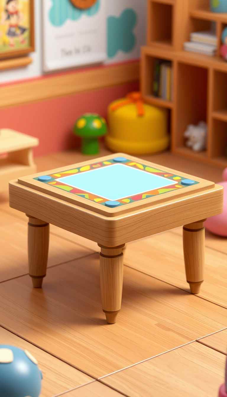 The image presents a 3D rendering of a table. The game table, made of wood, is the central focus of the image. It is a square table with legs, the top has a multicolor border and the middle part is aqua blue. The background is playful, and the overall mood is playful, suitable for digital game art. - Image