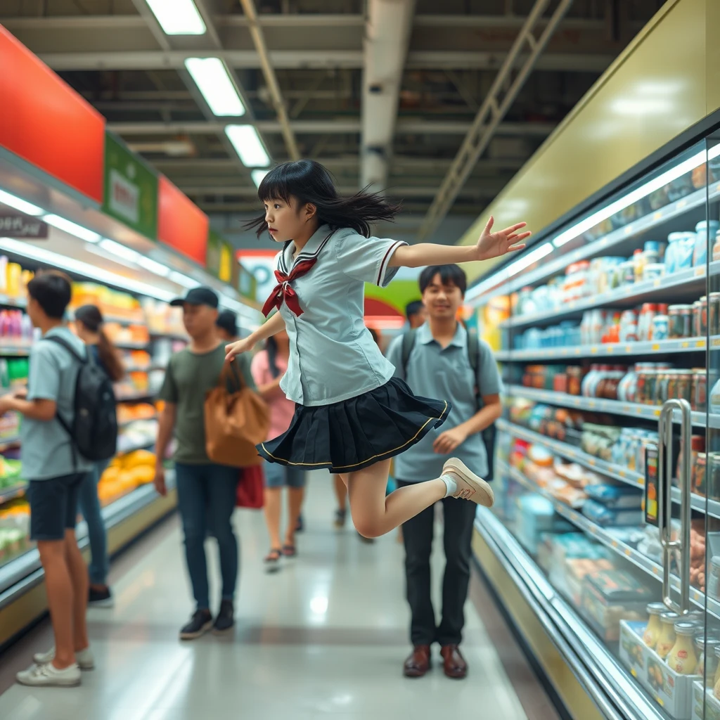 In the supermarket, there are many people, among them a Japanese schoolgirl wearing a short skirt who has taken flight; her skin is very white, and you can see her shoes.