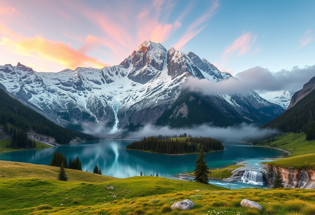 Majestic, snow-capped mountains, serene, high quality, photorealistic, alpine meadows, crystal-clear lakes, untouched wilderness, panoramic, breathtaking, nature's beauty, vibrant::2 flowing rivers, cascading waterfalls, misty, foggy, dramatic, sunrise, sunset