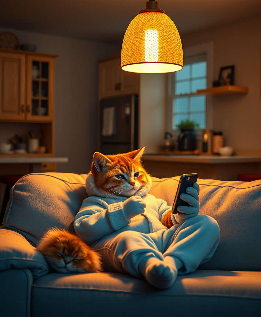 A delightful realistic photo showing a charming anthropomorphic cat dressed in cozy pajamas and lounging on a soft sofa in a dimly lit room. A cat with a fluffy tail and expressive eyes stares intently at his smartphone, immersed in digital content. The warm golden light of the pendant lamp creates a soft glow, creating a cozy and relaxing atmosphere. In the background, there is a simple kitchen area with cabinets, countertops, and various kitchen utensils, which creates an atmosphere of comfort and well-being in the house. This charming scene evokes a feeling of serenity and warmth and is ideal for a calm evening or night setting. - Image