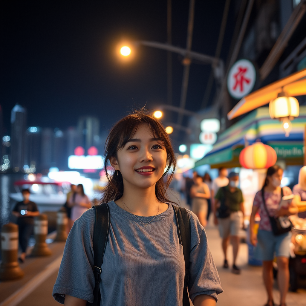 🌌 **Island at Night**: "Korean young woman experiencing nightlife, sea stroll, night market, unique charm of Cheung Chau Island at night, photorealistic style" - Image