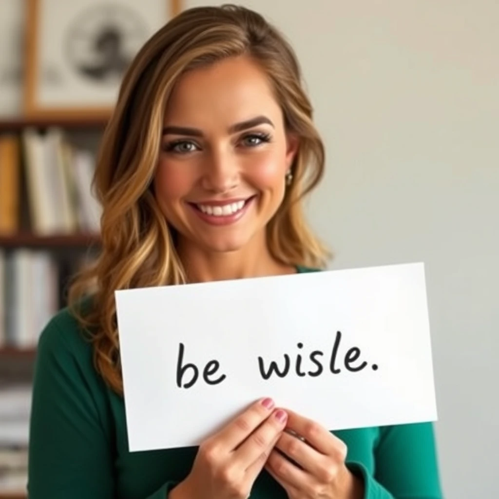 Pretty woman holding a paper saying "be wise." - Image