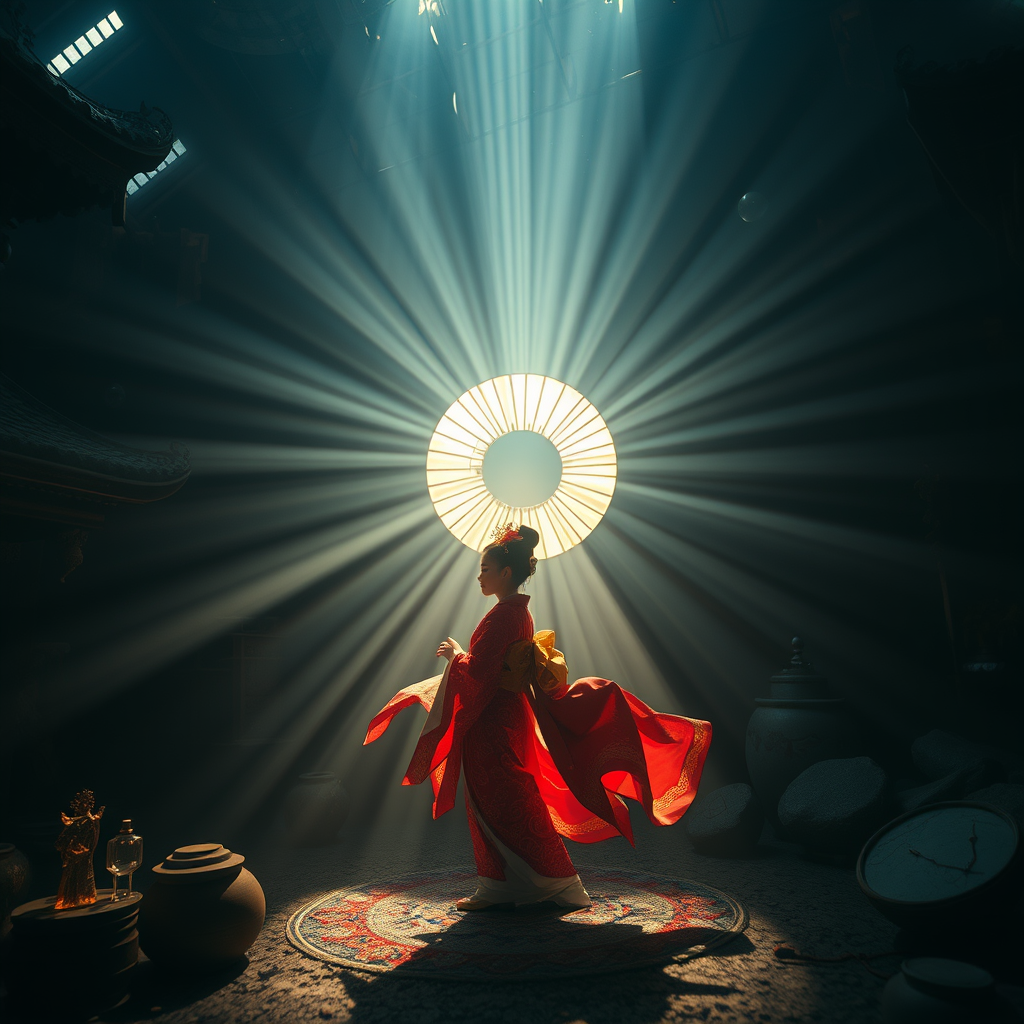 Peculiar environment with god rays, geisha dancer, 8K resolution, Blender, close-up. - Image