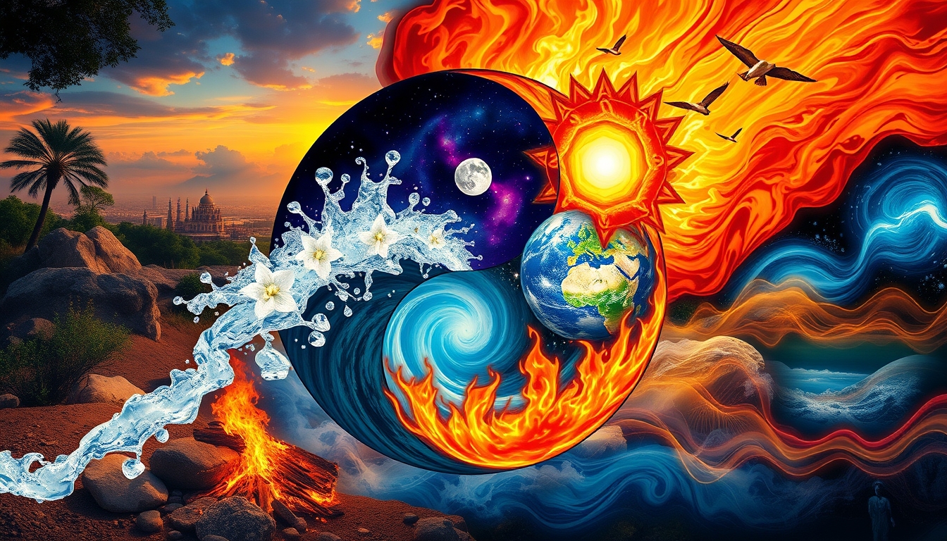 wallpaper art, yin and yang symbol, filled with scenes and examples of the 4 elements, earth, water, fire, air, vivid colors, positive emotional-filled