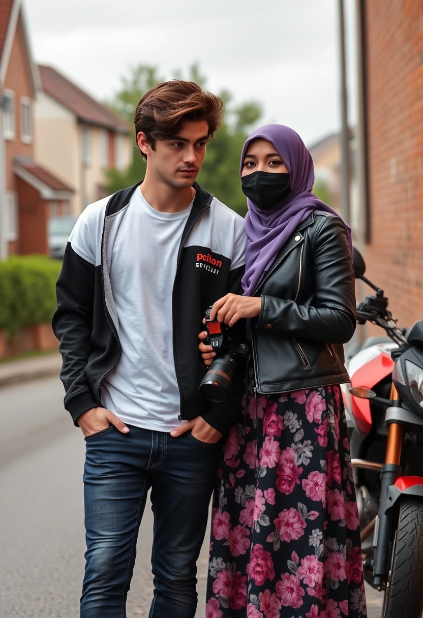 Jamie Dornan and Freddie Prinze head and body shot, handsome, young, serious face, dark brown hair, white T-shirt, college jacket, skinny jeans, sneakers, standing, discussing each other with a short purple hijab Muslim girl, beautiful eyes, black face mask, black leather jacket, biggest floral skirt, holding a Canon DSLR camera, near a town road, superbike, hyper-realistic, street photography, brick wall, full body photo.