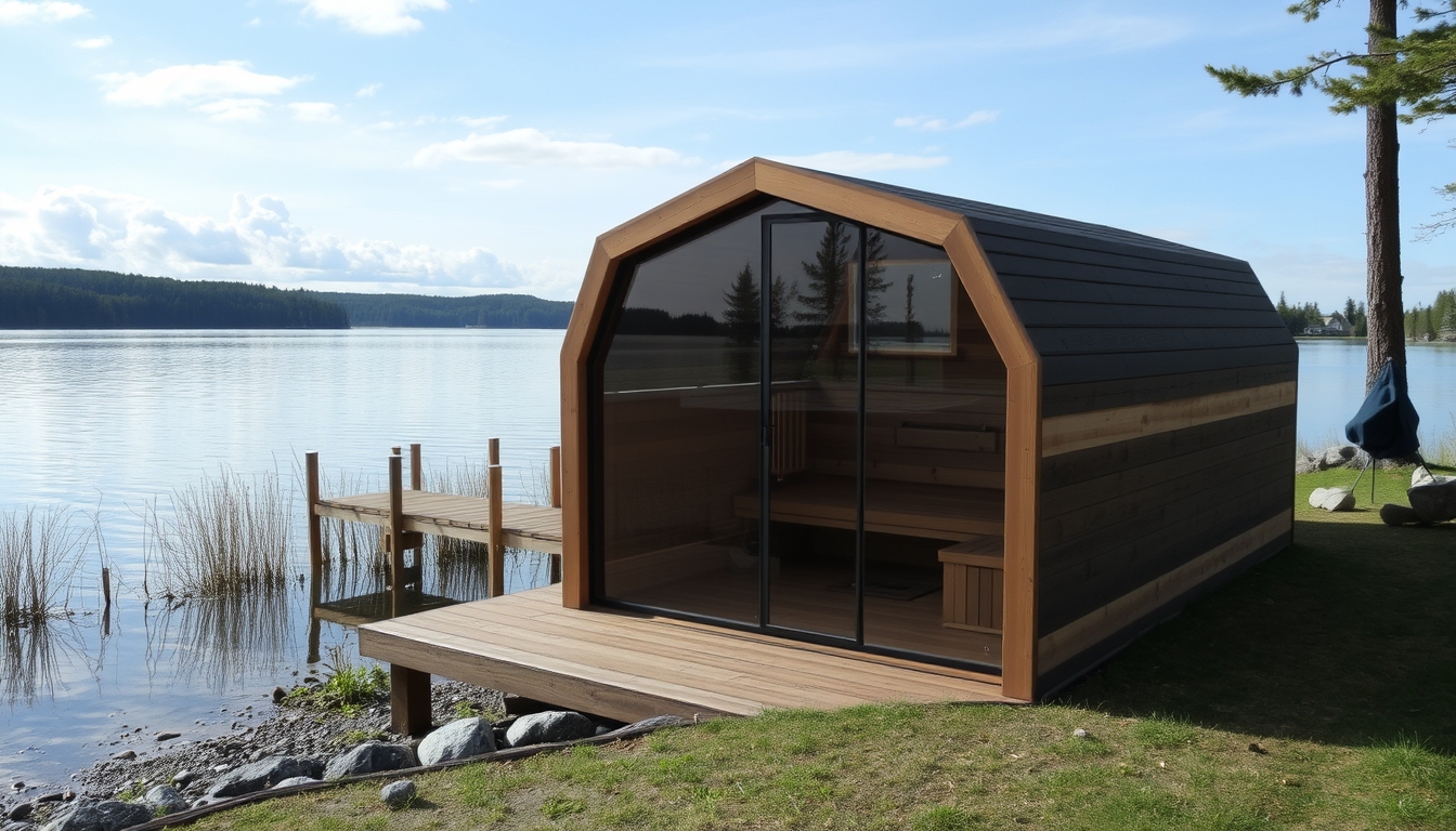 A peaceful lakeside retreat with a glass-fronted sauna overlooking the water.