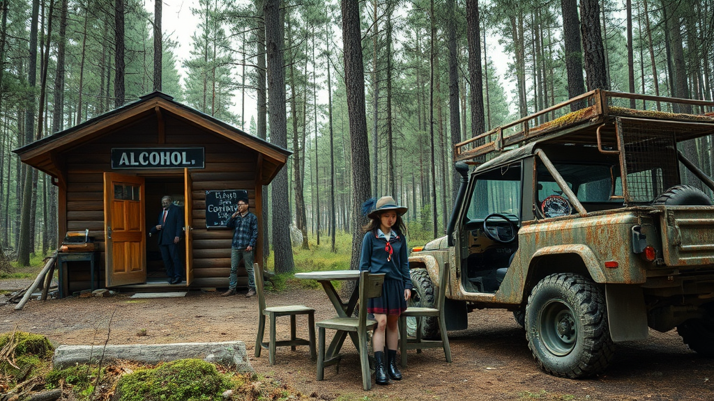 Real-life photography, wide shot: In the forest, there are two wooden cabins selling alcohol, and a dressed zombie comes to buy some. Next to the cabin, there are one table and two chairs, with a zombie wearing a hat sitting and drinking. There is also an abandoned off-road vehicle nearby, covered in moss and weeds. A Japanese female student wearing a school uniform skirt walks by. - Image