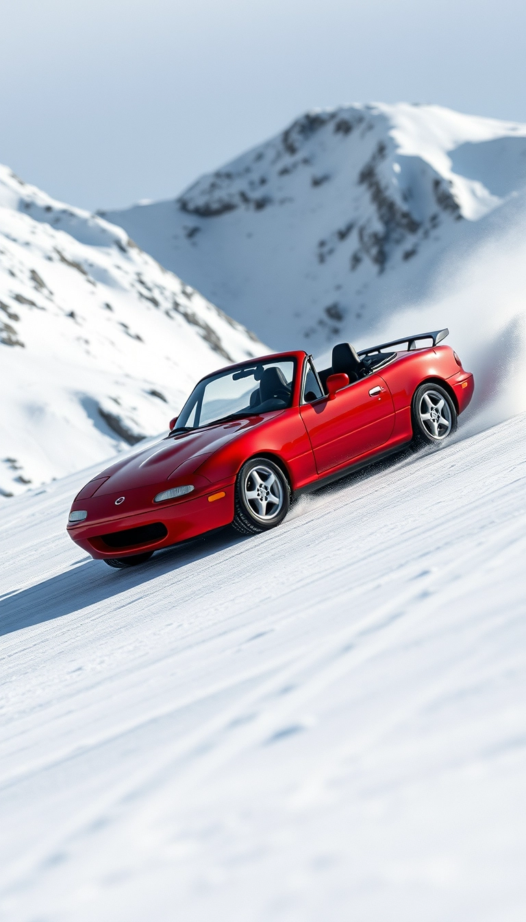 Create an image of a red 1991 Mazda mx5 drifting on a snowy mountain.