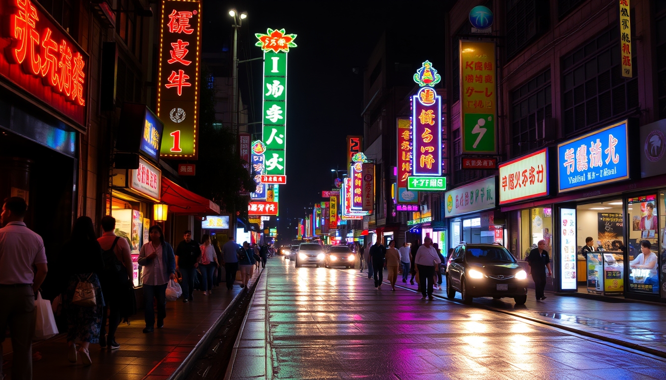 A vibrant street scene at night, with neon signs, bustling crowds, and the glow of city lights reflecting on wet pavement. - Image