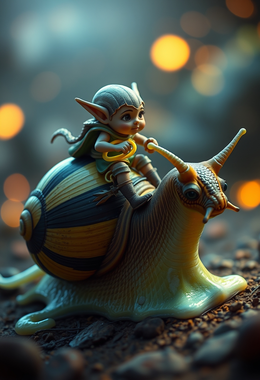 A tiny goblin jockey riding on the back of a giant snail, neon reins, the snail's shell is striped black and yellow, slime trail, neon bokeh, in the style of a fantasy painting. - Image