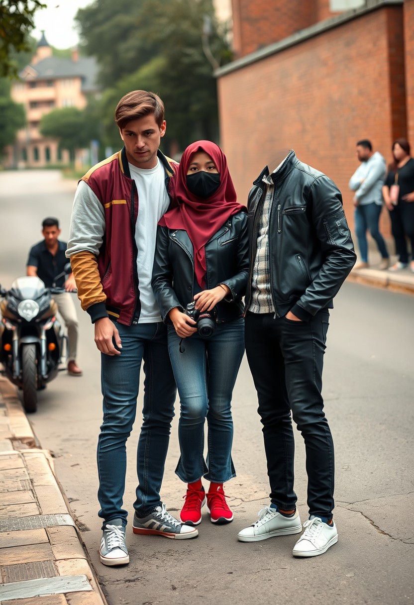 Jamie Dornan and Freddie Prinze, head and body shot, handsome, young, serious face, dark brown hair, white T-shirt, collage jacket, skinny jeans, sneakers, standing, discussing with two guys and a young Muslim girl in a short red hijab, beautiful eyes, black face mask, black leather jacket, bell-bottom jeans, red sneakers, holding a Canon DSLR camera, near a town road, superbike, hyper-realistic, street photography, brick wall, full-body photo, three other random friends in the background.