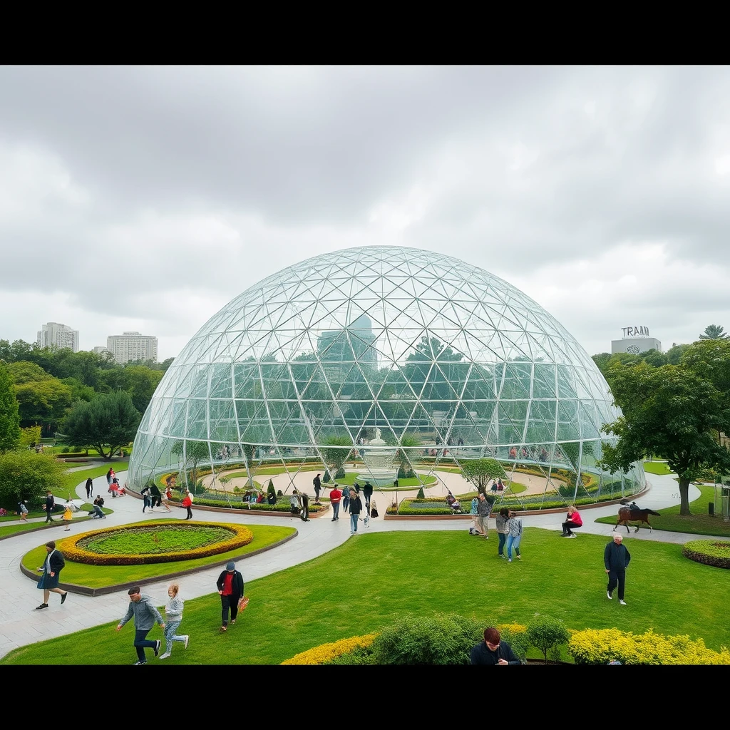 Outdoor park in the form of a dome, people peacefully strolling and relaxing in the park in any climate, rain or shine, hot or cold, in any weather. - Image