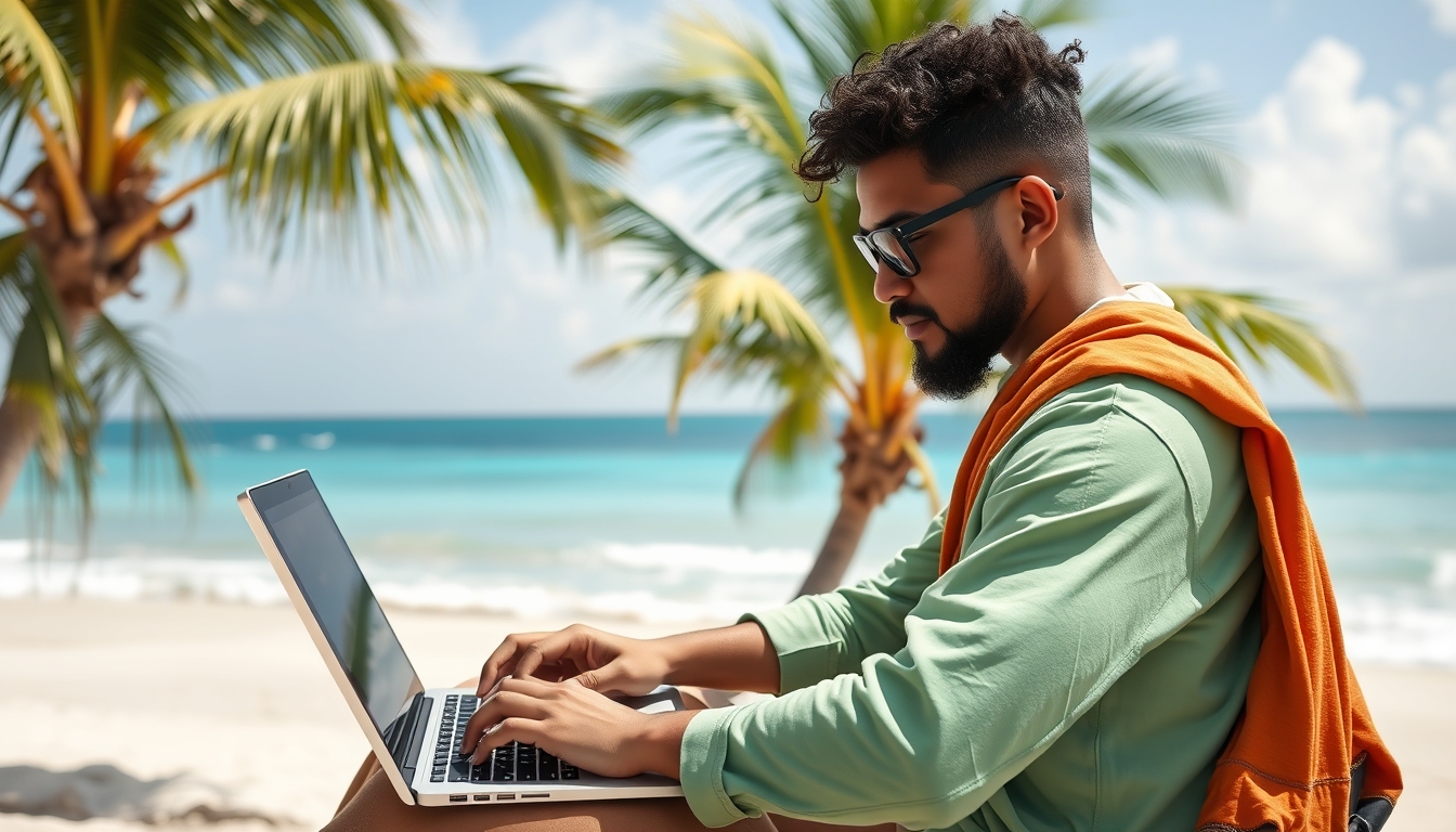 A digital artist working on a laptop in a tropical location, with the ocean in the background, emphasizing the freedom of remote work. - Image