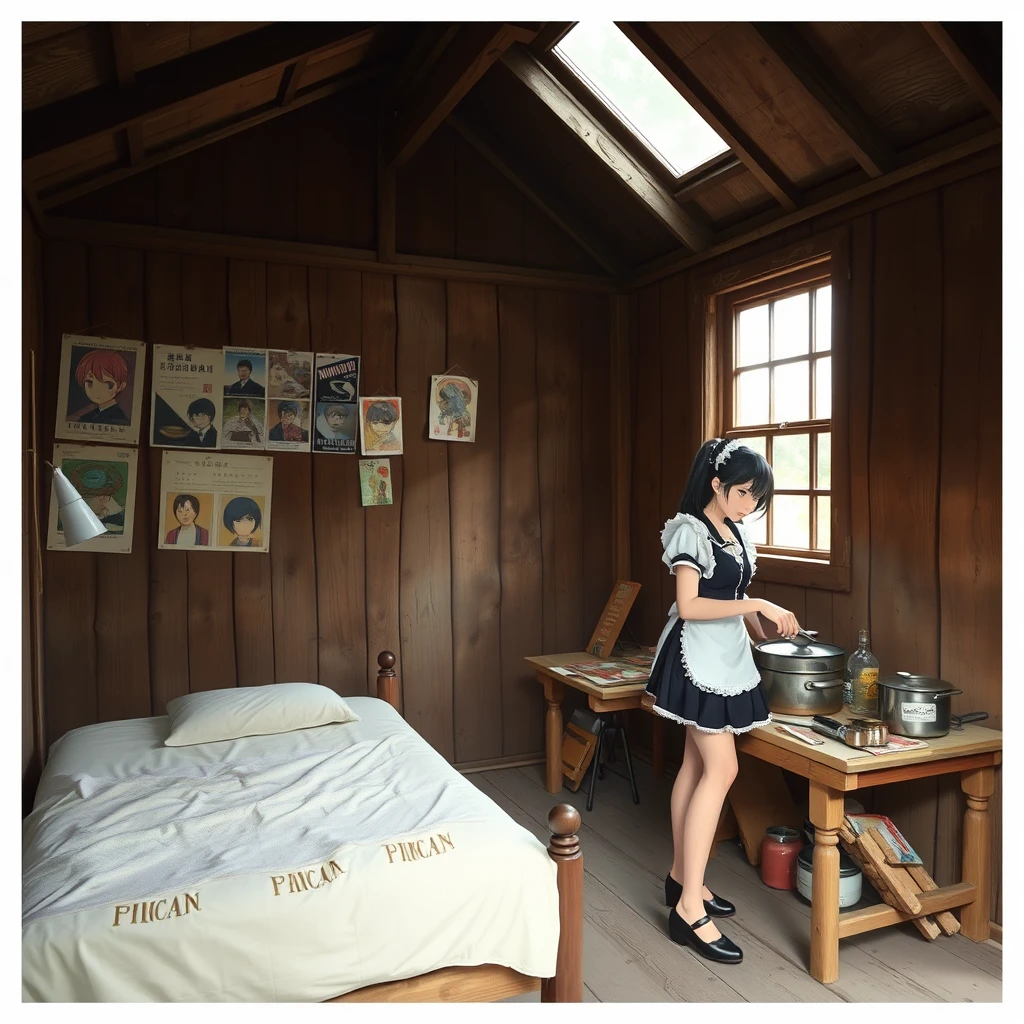 In a dilapidated wooden cabin, there is a bed, and one wall of the room has several posters on it. The cabin is very large, and a young Japanese woman in a maid outfit (short skirt) is cooking in the room. Note that the cabin has a window. - Image