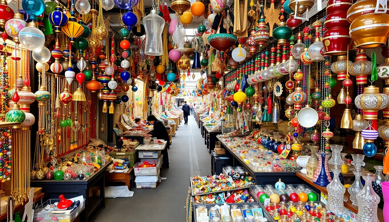 A bustling market with stalls selling colorful glass jewelry and ornaments. - Image