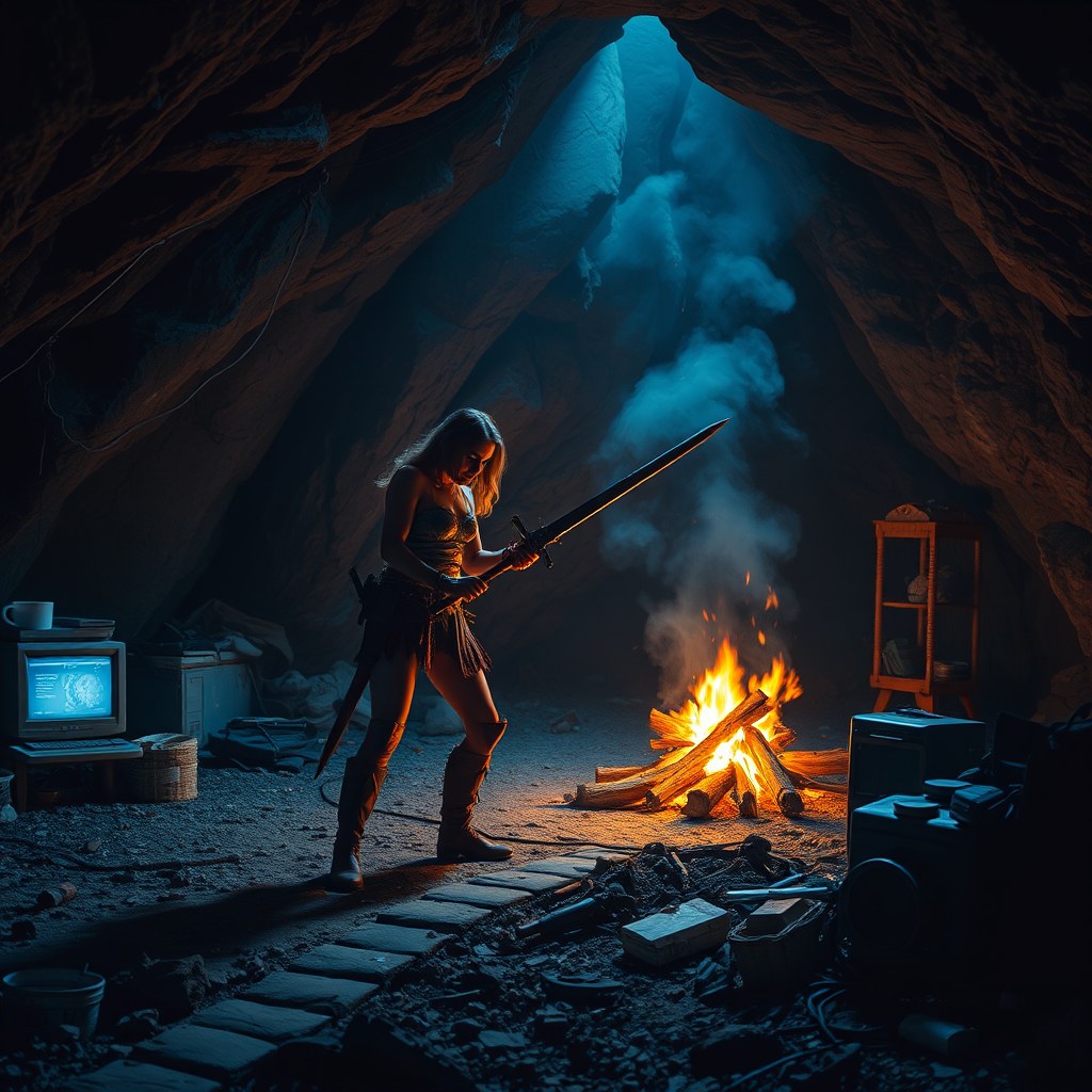 Real-life photography: At night, in the cave, there is a female barbarian using a sword to stab the ground. The cave is very large, with a bonfire, a 90s desktop computer, and some messy household items.