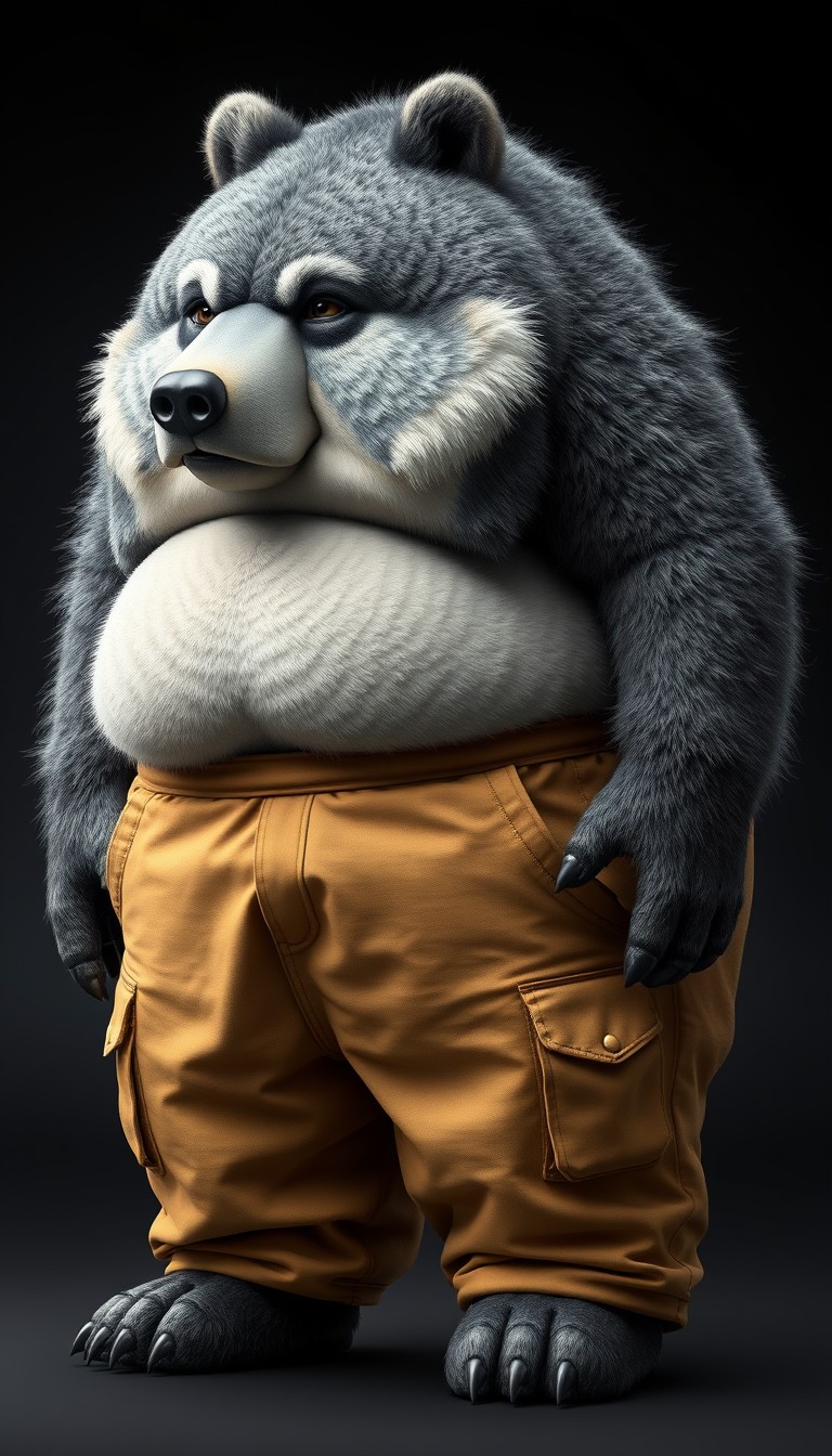 quarter view, anthropomorphic obese gray bear wolf hybrid, blended features. gray and black fur with tan and white fur markings. he has a heavyset body. wide fat bottom. fat wide double chins. tan obese big fat baggy cargo pants. obese double belly tucked into pants overflowing. full body. uncropped. fluffy fur. digital art, semi-realistic.