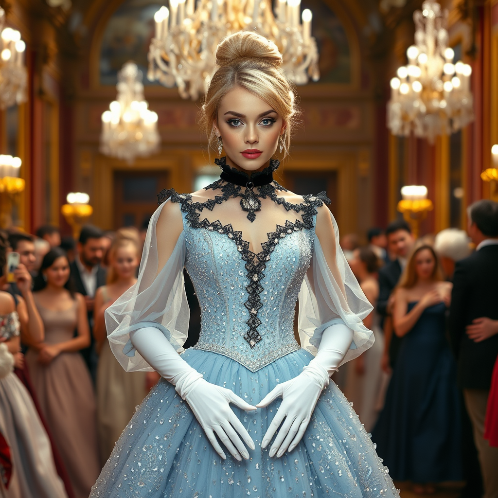 Blonde Cinderella, she is wearing a pale blue magical gown covered in billions of shiny crystals, with black velvet lace around her neck, white long gloves, glass shoes, and her hair pulled up. She is entering a palace ballroom full of people. The image has a depth of field, gray eyes, set in the 1700s. She has perfect hands, a perfect face, and perfect eyes. The photograph is realistic, in 8K quality, and set in England.