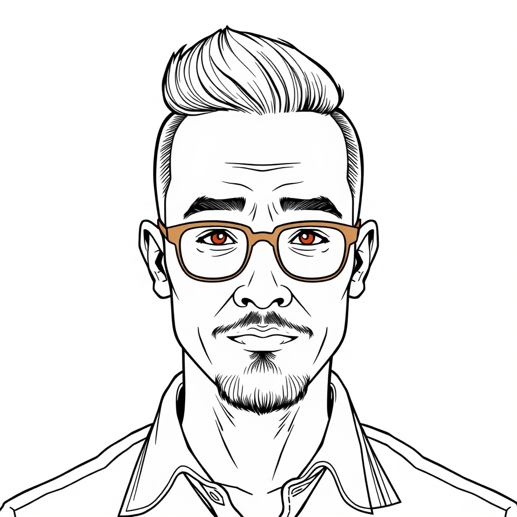 A cool line drawing of a man around 35 years old, with a flat top hairstyle, Asian descent, wearing framed glasses, has a slightly short beard on his chin, in a shirt, with a somewhat roguish demeanor, full face, clean and fresh skin. - Image