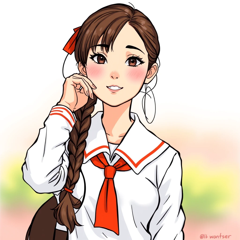 "Draw a really pretty girl in a school uniform like a real photo." - Image