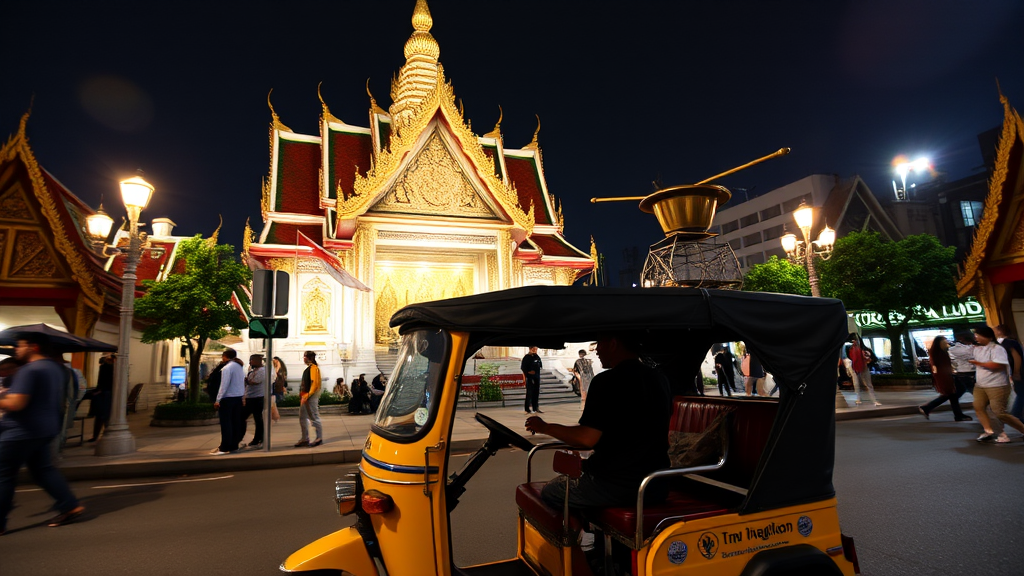 A tuk-tuk in front of a temple at night, Bangkok Town Square, Thailand, Bangkok, Thai, Thai temple, in the evening.